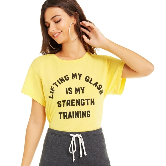 WILDFOX NWT "LIFTING MY GLASS IS MY STRENGTH" YELLOW SHORT SLEEVE … - Picture 2 of 3